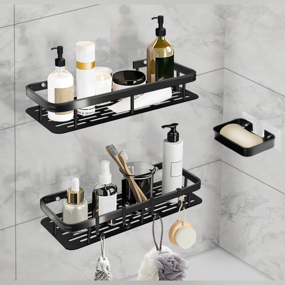 New 3-Pack Bathroom/Kitchen Shelves with Hooks, No Drilling, Large Storage/Black